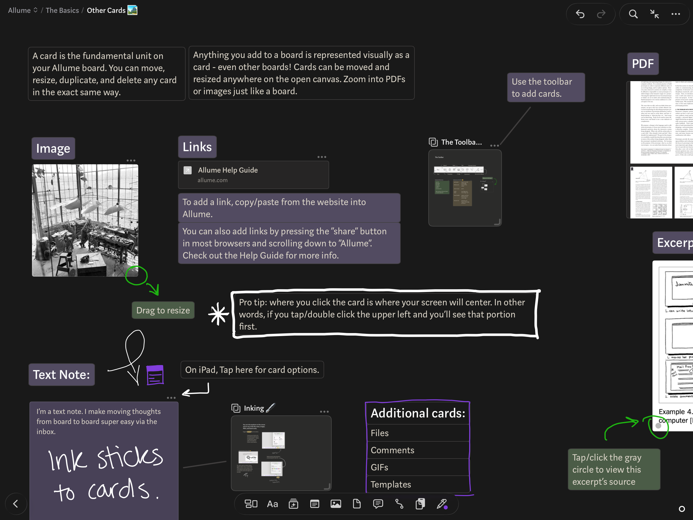 Allume on iPad in dark mode showing the variety of card types on a canvas